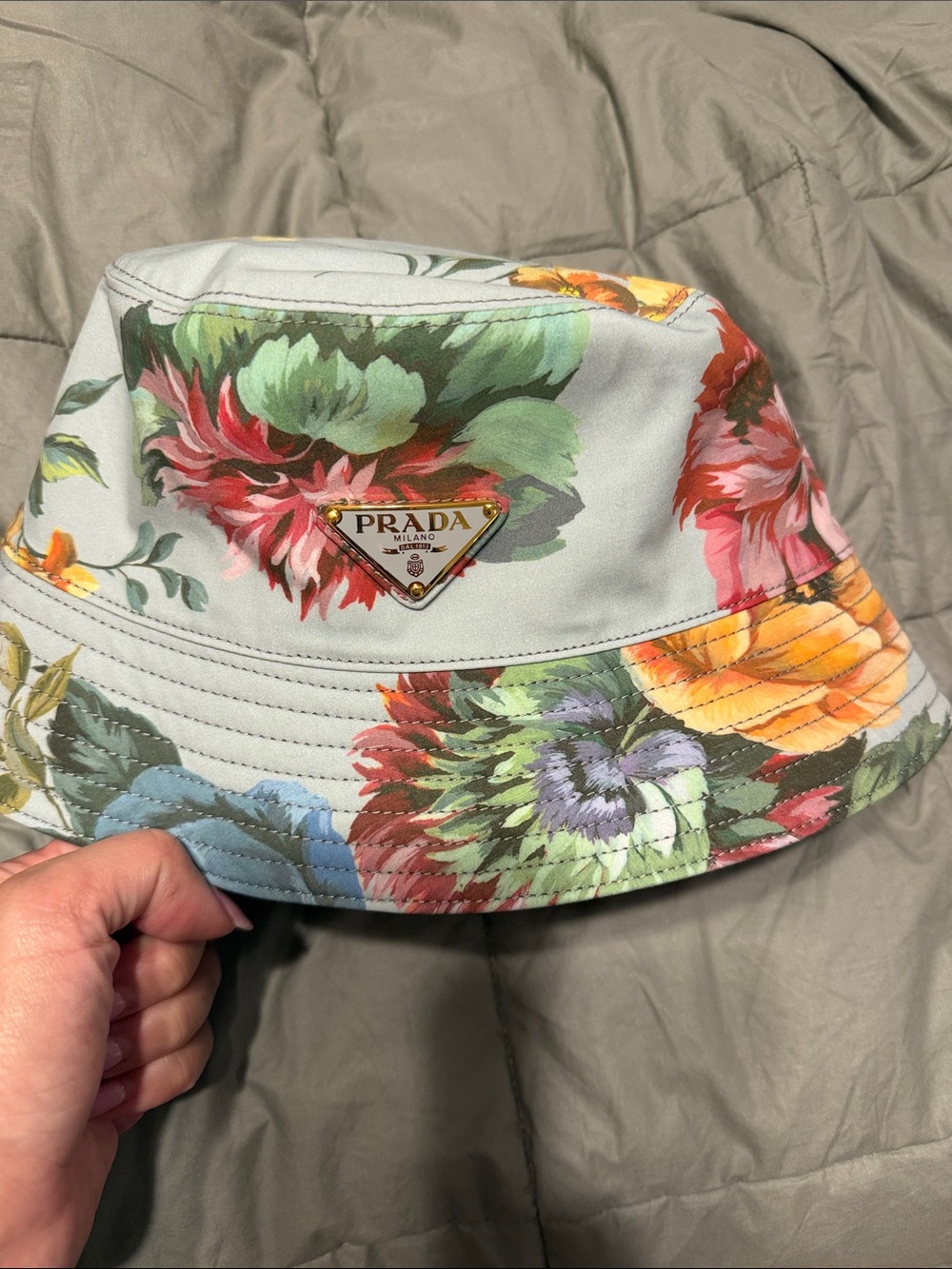 PRADA Floral Print Bucket Hat - Light Blue Base with Multicolored Blooms
